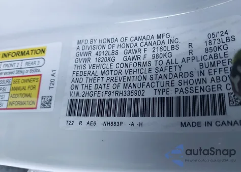 2024 Honda Civic Touring from USA, damaged, VIN 2HGFE1F91RH335902